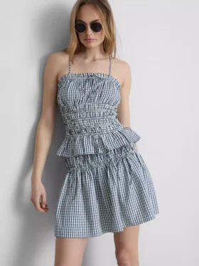 Büzgülü kareli peplum askılı bluz