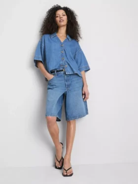Denim kısa kollu şort gömlek