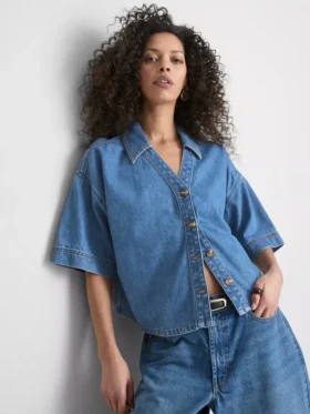 Denim kısa kollu şort gömlek