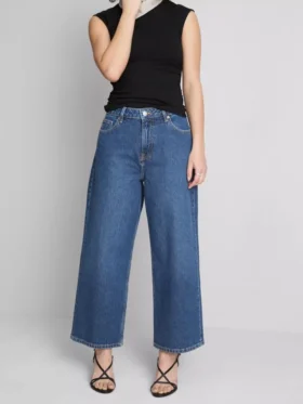Denim kısa paça geniş bacaklı jean