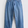 Denim kısa paça geniş bacaklı jean