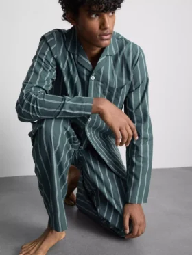 Çizgili poplin uzun pijama