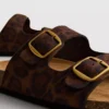 Leopar desenli, çift kayışlı, ayak tabanı destekli sandaletler