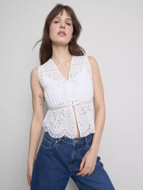 Önden bağlamalı pamuklu broderie bluz