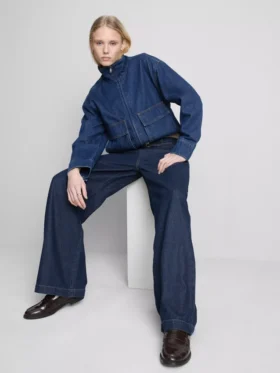 Orta bel, kemerli, geniş paça jean pantolon