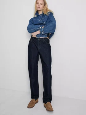 Orta bel, pamuklu denim düz paça Jean