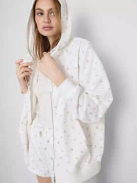 Pamuk ağırlıklı çiçek desenli, baştan aşağı fermuarlı kapüşonlu sweatshirt