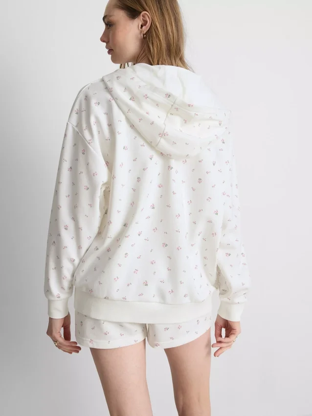 Pamuk ağırlıklı çiçek desenli, baştan aşağı fermuarlı kapüşonlu sweatshirt Pamuk ağırlıklı çiçek desenli, baştan aşağı fermuarlı kapüşonlu sweatshirt