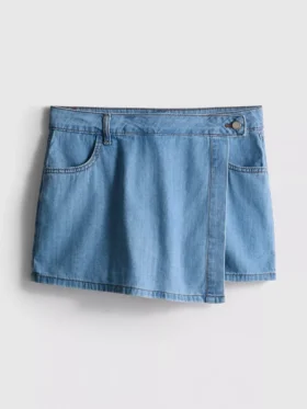 Pamuklu denim asimetrik sargılı etek-şort