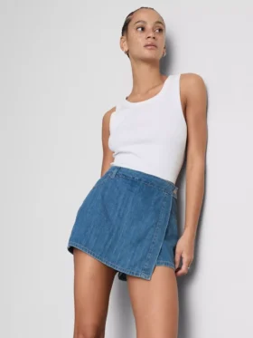Pamuklu denim asimetrik sargılı etek-şort