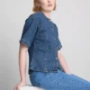 Pamuklu denim, belden büzgülü kısa kollu şortlar Pamuklu denim, belden büzgülü kısa kollu şortlar