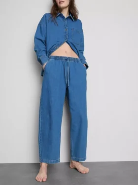 Pamuklu denim dar paça eşofman altı kot pantolon