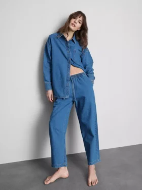 Pamuklu denim dar paça eşofman altı kot pantolon