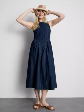 Pamuklu denim, düşük bel midi elbise Pamuklu denim, düşük bel midi elbise