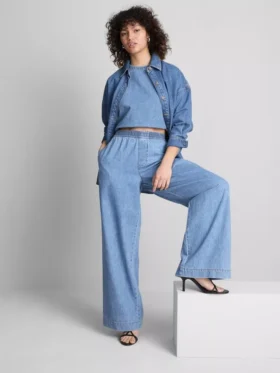 Pamuklu denim geniş paça eşofman altı