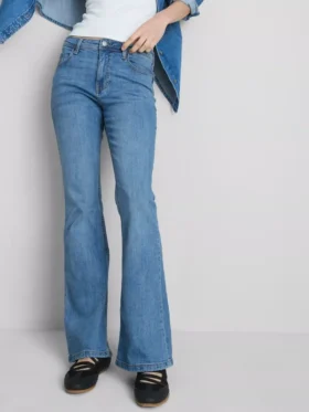 Pamuklu denim geniş paça orta bel jean