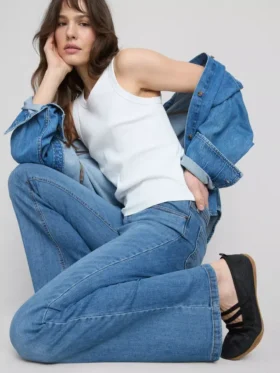 Pamuklu denim geniş paça orta bel jean