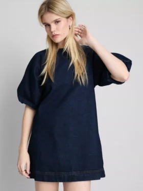 Pamuklu denim kabarık kollu mini elbise