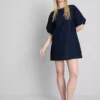 Pamuklu denim kabarık kollu mini elbise Pamuklu denim kabarık kollu mini elbise