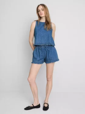 Pamuklu denim kısa fırfırlı kolsuz üst