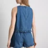 Pamuklu denim kısa fırfırlı kolsuz üst Pamuklu denim kısa fırfırlı kolsuz üst