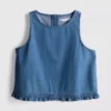 Pamuklu denim kısa fırfırlı kolsuz üst Pamuklu denim kısa fırfırlı kolsuz üst