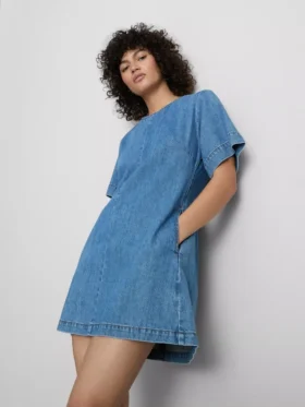 Pamuklu denim mini düz kesim elbise Pamuklu denim mini düz kesim elbise