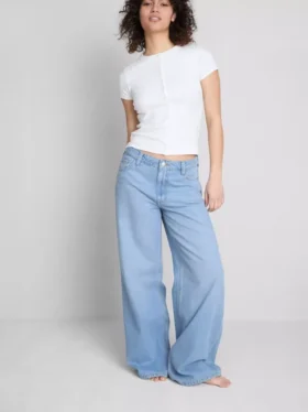 Pamuklu denim orta bel geniş paça jean
