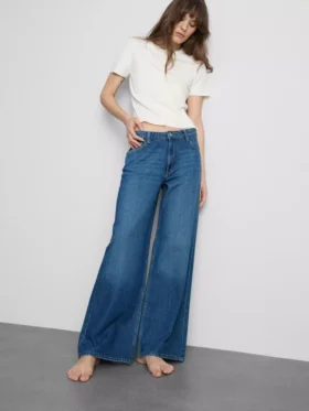 Pamuklu denim orta bel geniş paça jean
