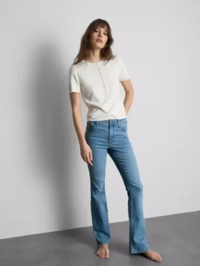 Pamuklu denim orta bel geniş paça Jean