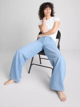 Pamuklu denim orta bel geniş paça jean
