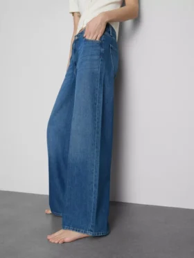 Pamuklu denim orta bel geniş paça jean