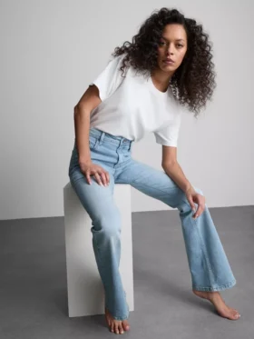 Pamuklu denim orta bel geniş paça Jean
