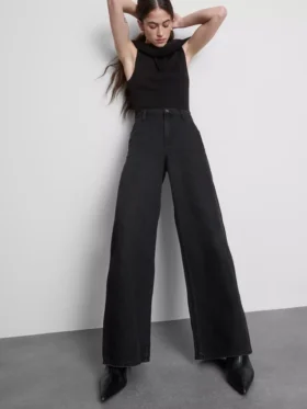 Pamuklu denim orta bel geniş paça jean