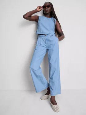 Pamuklu denim pileli geniş paça Jean