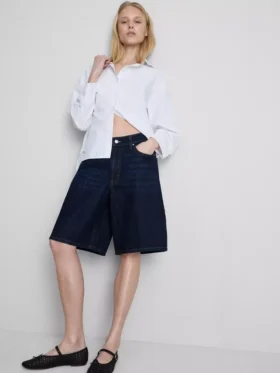 Pamuklu denim uzun bermuda şort
