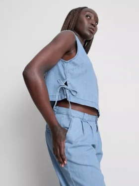 Pamuklu denim, yan bağcıklı tişört