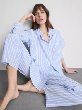 Pamuklu çizgili oxford pijama gömleği Pamuklu çizgili oxford pijama gömleği