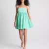 Pamuklu kareli bandeau mini elbise