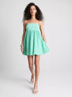 Pamuklu kareli bandeau mini elbise