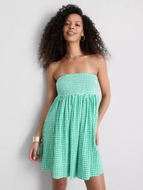 Pamuklu kareli bandeau mini elbise