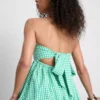 Pamuklu kareli bandeau mini elbise