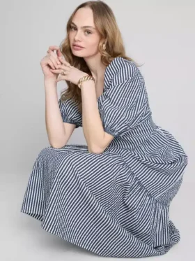 Pamuklu seersucker midi smock elbise
