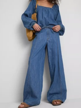 Paula Echevarría pamuk ağırlıklı denim geniş paça pantolon Paula Echevarría pamuk ağırlıklı denim geniş paça pantolon