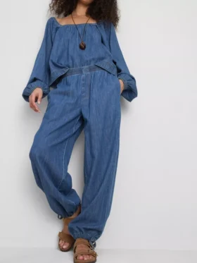 Paula Echevarría pamuk ağırlıklı denim harem pantolon