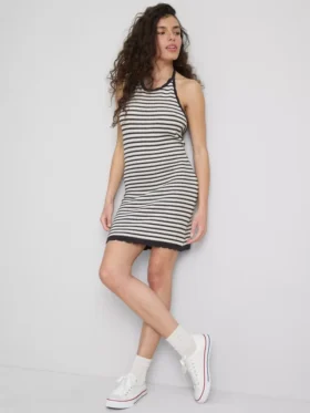 Örgü çizgili halter elbise