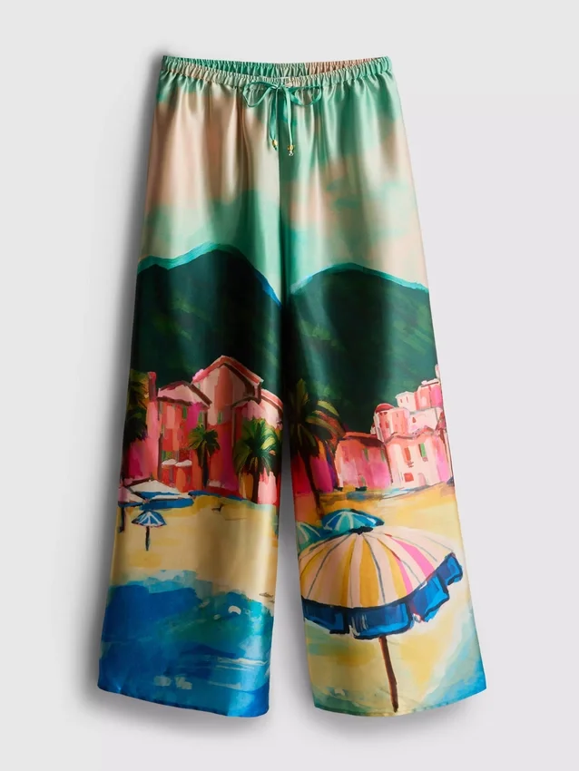 Saten manzaralı desenli plaj pantolonu Saten manzaralı desenli plaj pantolonu